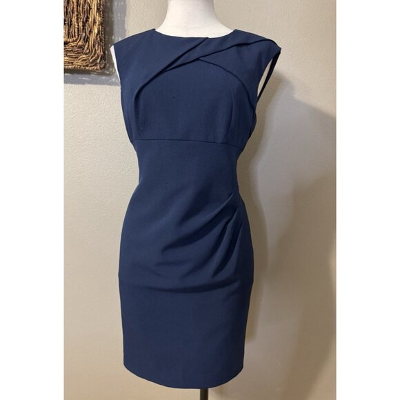 Adrianna Papell Dress 12 Navy Blue Stretch Sleeveless Sheath Career Church - Picture 4 of 10